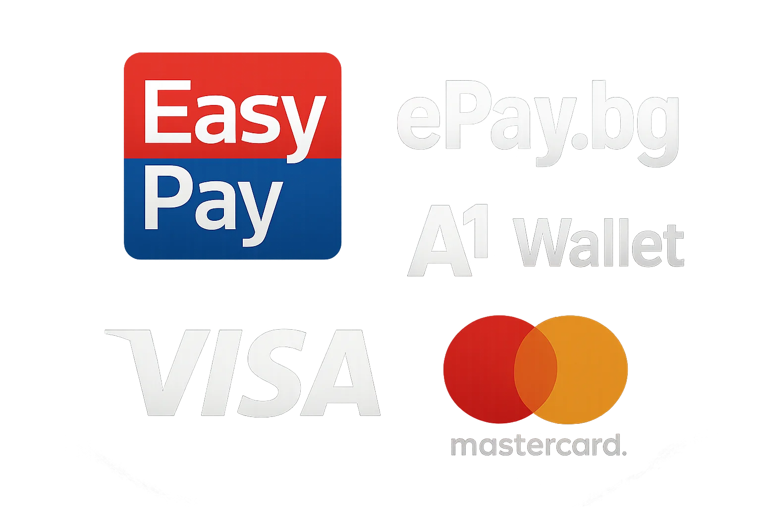 Лога на EasyPay, ePay.bg, A1 Wallet, Visa и Mastercard на тъмен казино фон