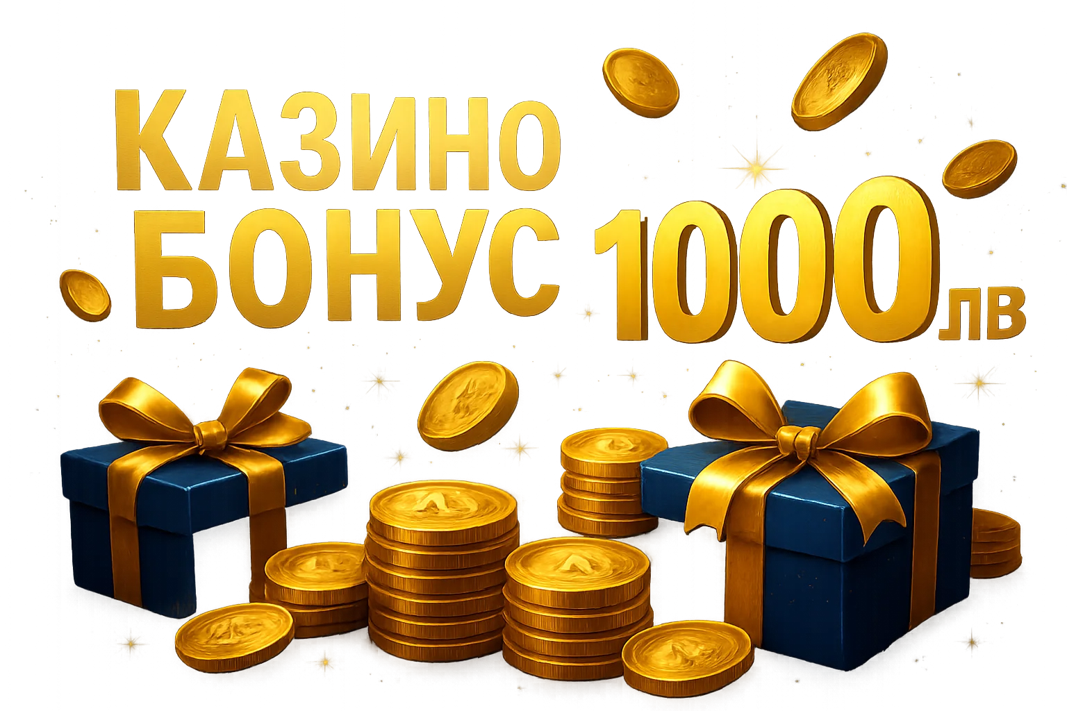 Банер за казино бонус с златни монети, подаръци и лв BGN символи