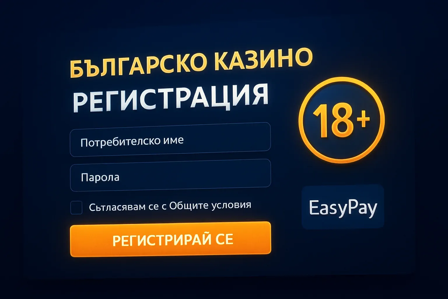 Концепция за регистрация в българско казино с форма и златен знак 18+