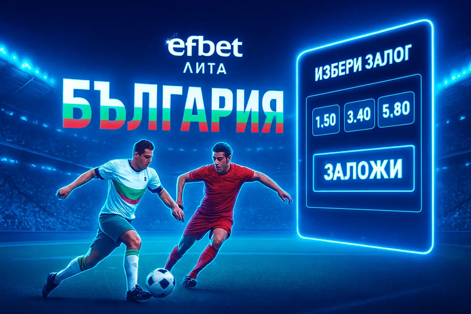 Банер за спортни залози с футболен мач в efbet Лига на стадион